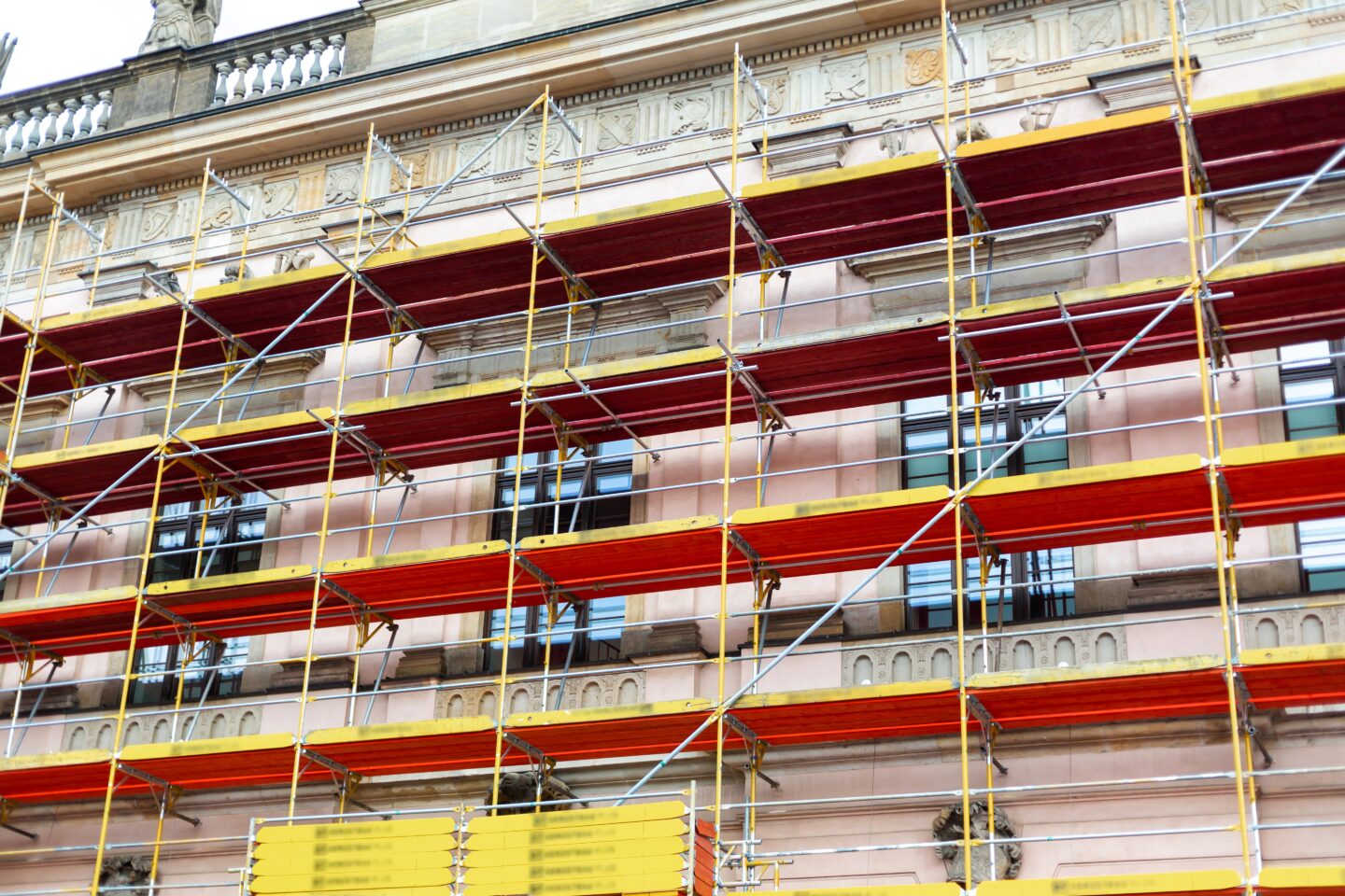 Facade,Restoration,Work.,Scaffolding,In,Front,Of,The,Facade.